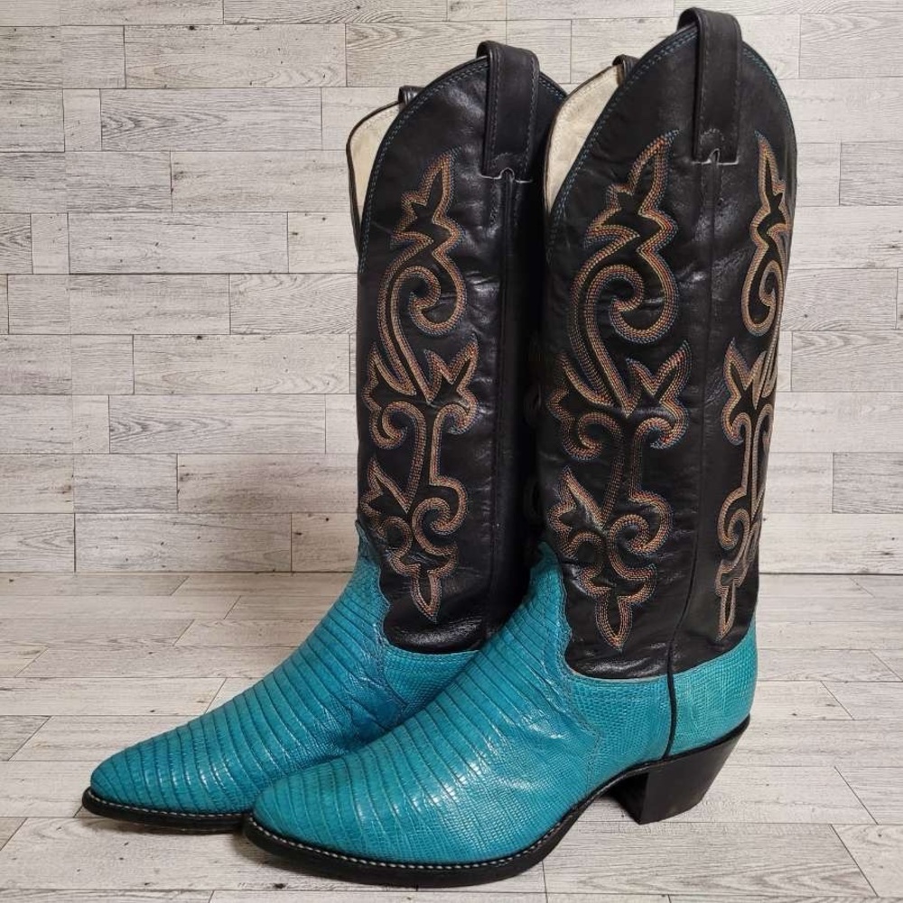 Women's Justin Western Turquoise Lizard Leather Rodeo Cowboy Boots Size 6.5 B - Picture 2 of 10